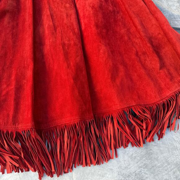 Women's Vintage Double D Ranch Wear Red Suede Leather Long Fringe Skirt Sz Large - Picture 2 of 8